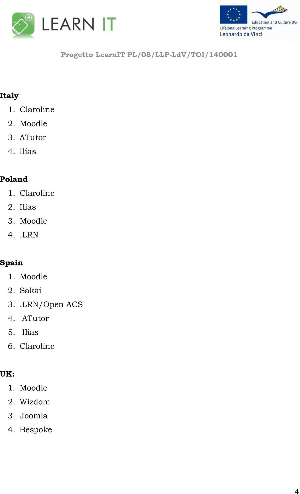 .LRN Spain 1. Moodle 2. Sakai 3..LRN/Open ACS 4.