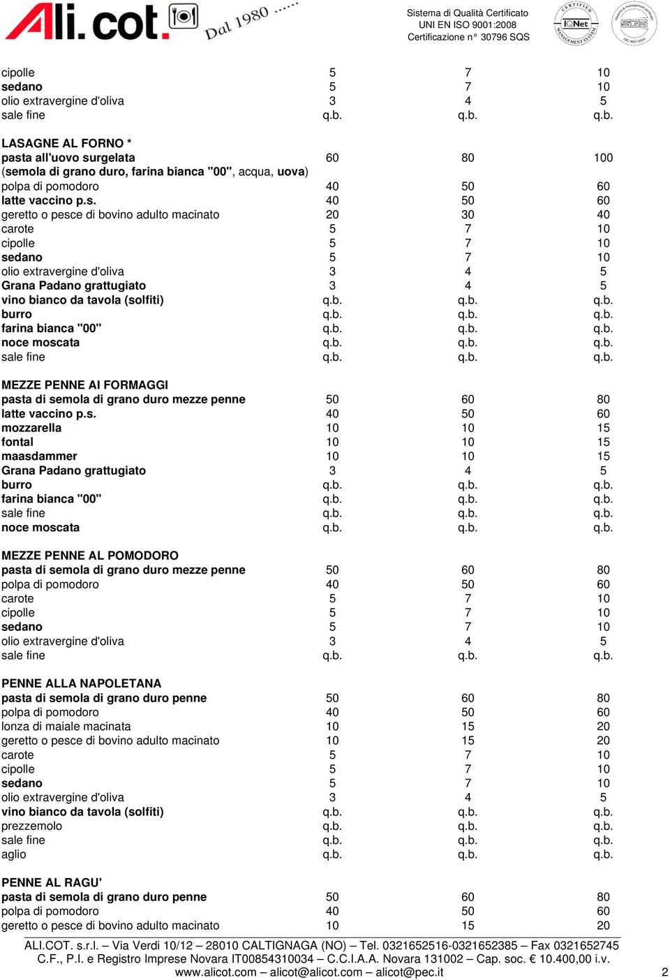 b. q.b. q.b. MEZZE PENNE AL POMODORO pasta di semola di grano duro mezze penne 50 60 80 PENNE ALLA NAPOLETANA pasta di semola di grano duro penne 50 60 80 lonza di maiale macinata 10 15 20 geretto o