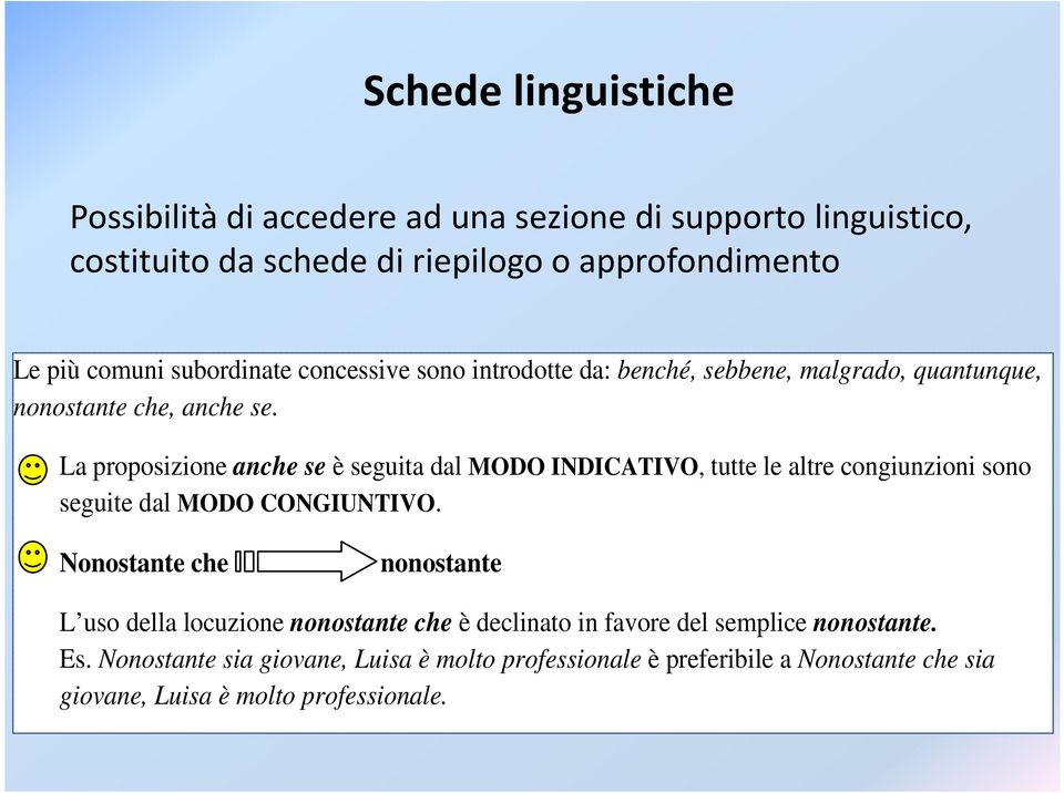 La proposizione anche se è seguita dal MODO INDICATIVO, tutte le altre congiunzioni sono seguite dal MODO CONGIUNTIVO.