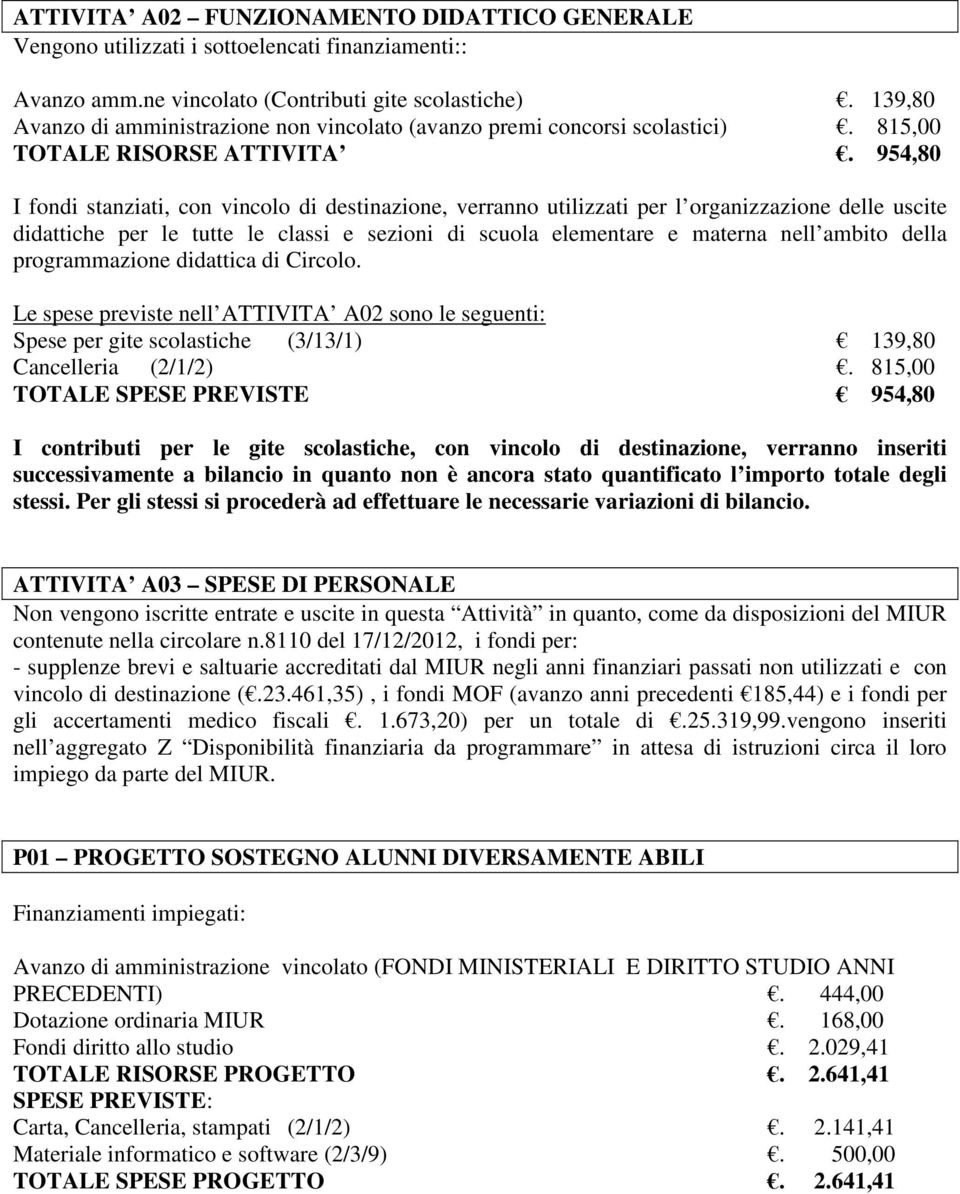 954,80 I fondi stanziati, con vincolo di destinazione, verranno utilizzati per l organizzazione delle uscite didattiche per le tutte le classi e sezioni di scuola elementare e materna nell ambito