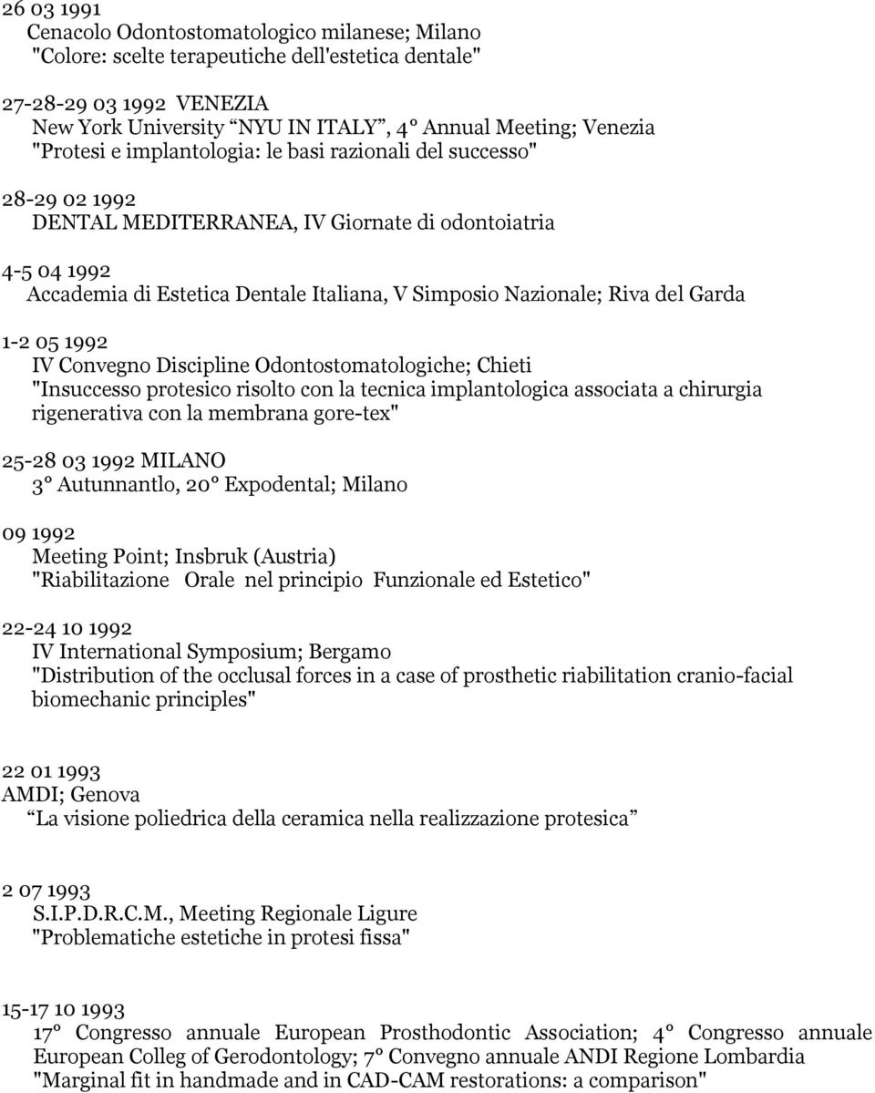 del Garda 1-2 05 1992 IV Convegno Discipline Odontostomatologiche; Chieti "Insuccesso protesico risolto con la tecnica implantologica associata a chirurgia rigenerativa con la membrana gore-tex"