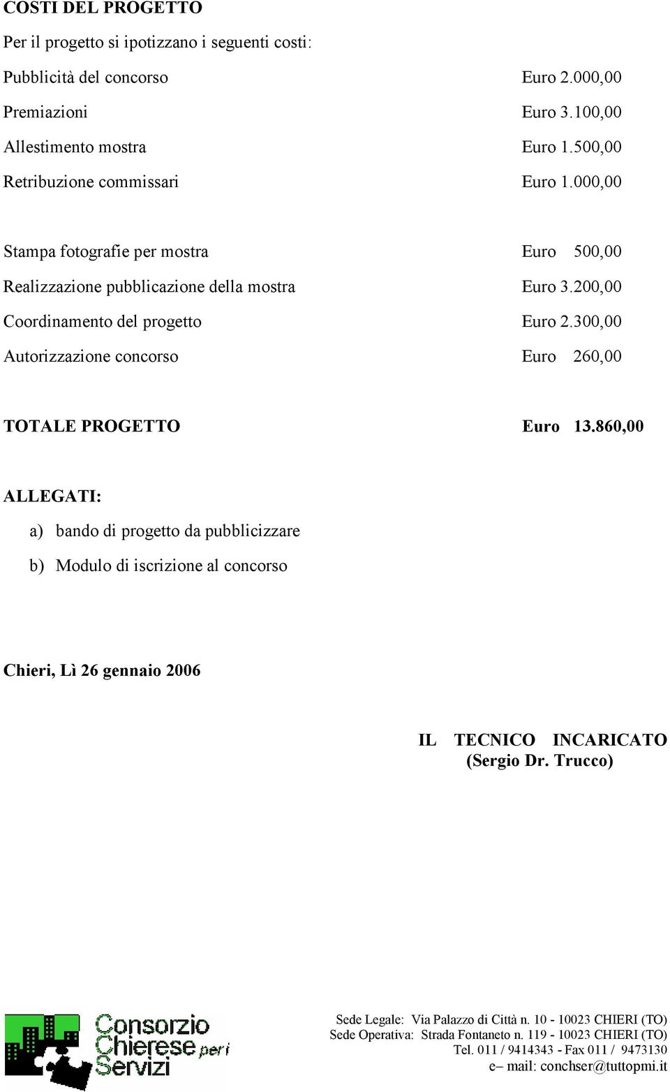 300,00 Autrizzazine cncrs Eur 260,00 TOTALE PROGETTO Eur 13.