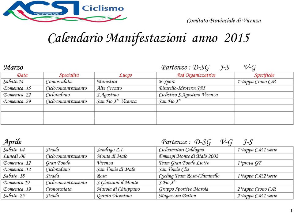 29 Cicloconcentramento San Pio X Vicenza San Pio X Aprile Partenze : D-SG V-G J-S Sabato.04 Strada Sandrigo Z.I. Cicloamatori Caldogno 1 tappa C.P.1 serie Lunedì.