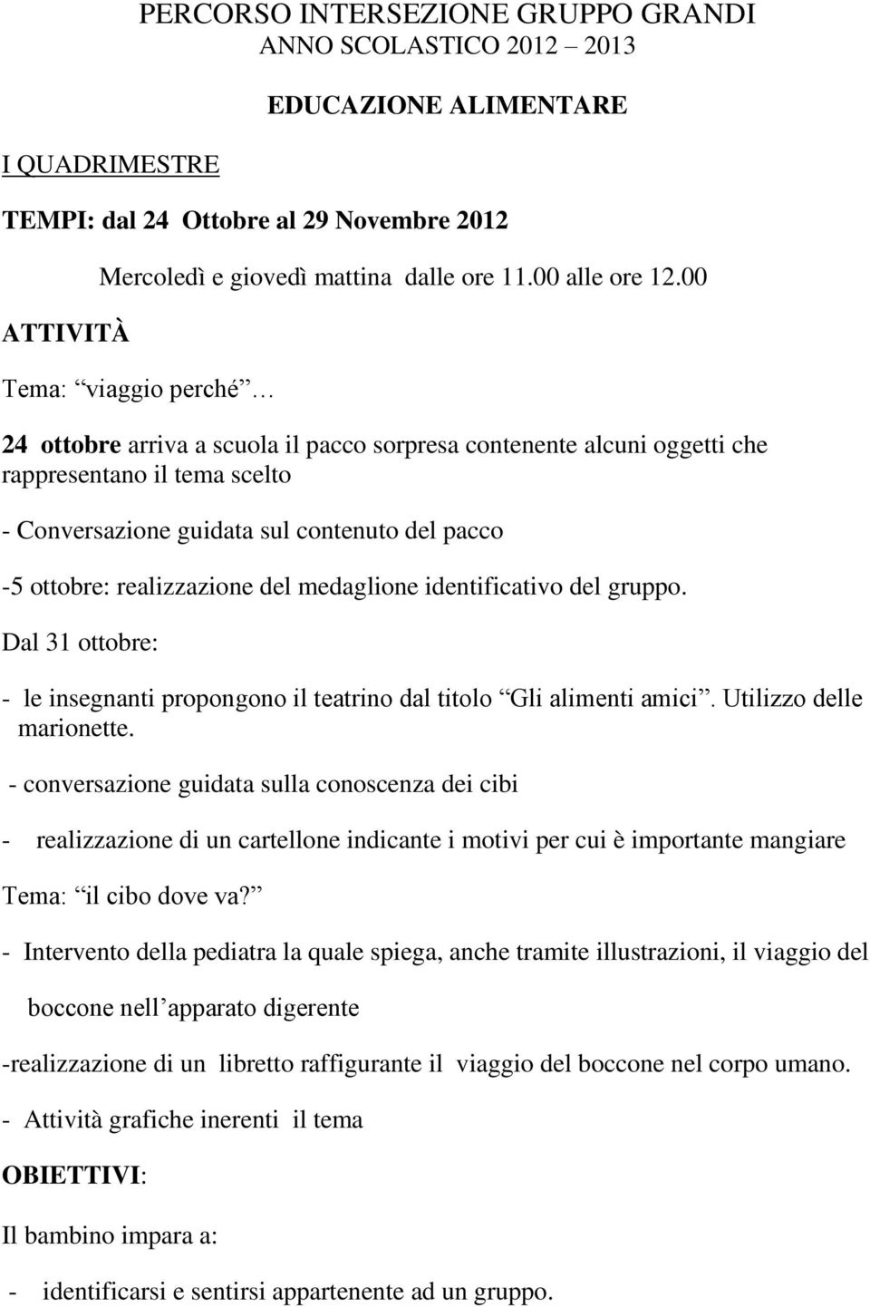 00 Tema: viaggio perché 24 ottobre arriva a scuola il pacco sorpresa contenente alcuni oggetti che rappresentano il tema scelto - Conversazione guidata sul contenuto del pacco -5 ottobre: