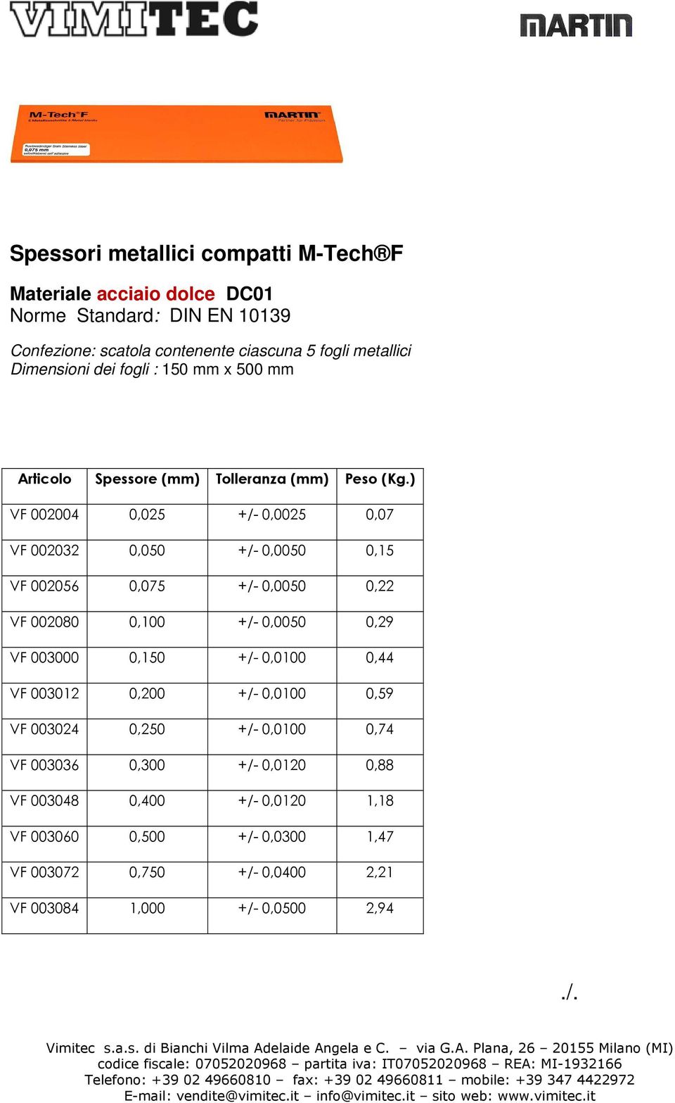 Foil thickness Tolerance* Weight mm +/- mm Kg mm +/- mm Kg VF 002004 0,025 +/- 0,0025 0,07 VF 002032 0,050 +/- 0,0050 0,15 VF 002056 0,075 +/- 0,0050 0,22 VF 002080 0,100