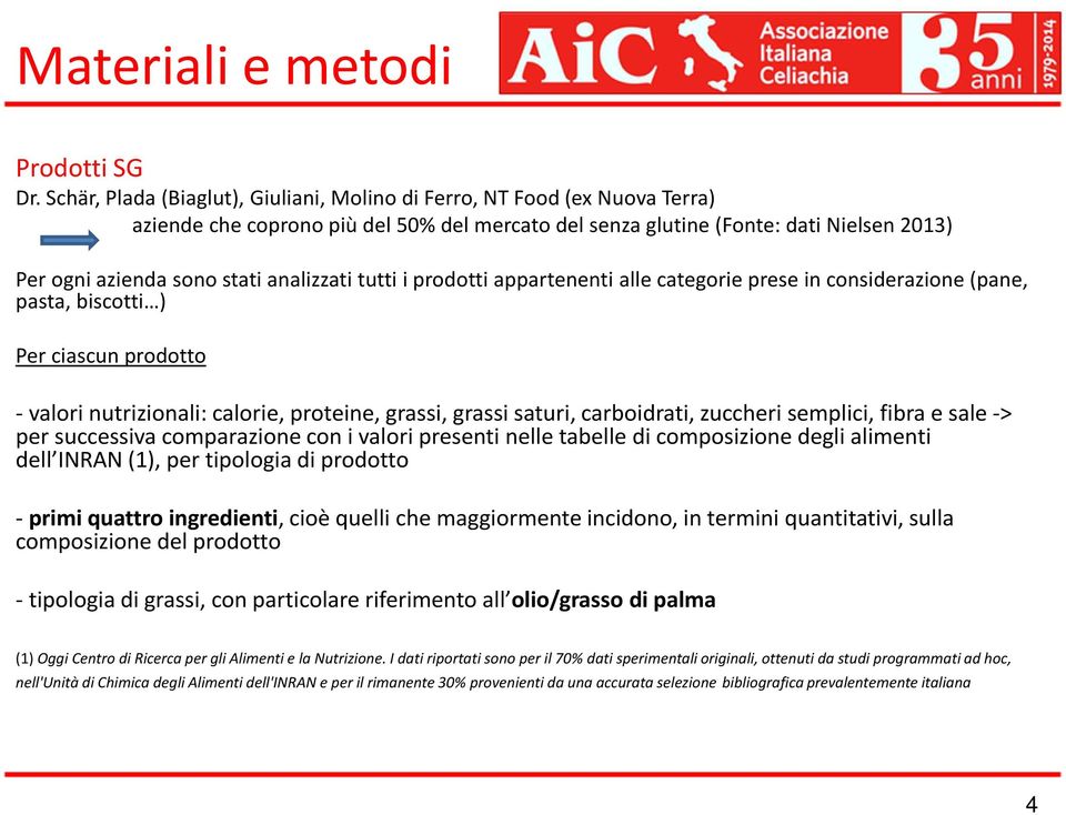 analizzati tutti i prodotti appartenenti alle categorie prese in considerazione (pane, pasta, biscotti ) Per ciascun prodotto -valori nutrizionali: calorie, proteine, grassi, grassi saturi,