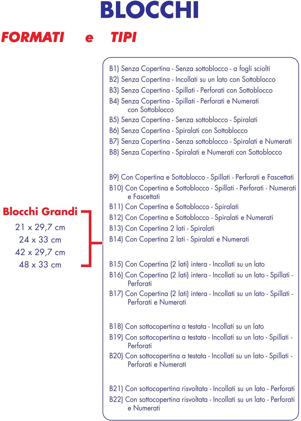 sottoblocco - Spiralati e Numerati B8) Senza Copertina - Spiralati e Numerati con Sottoblocco Blocchi Grandi 21 x 29,7 cm 24 x 33 cm 42 x 29,7 cm 48 x 33 cm B9) Con Copertina e Sottoblocco - Spillati
