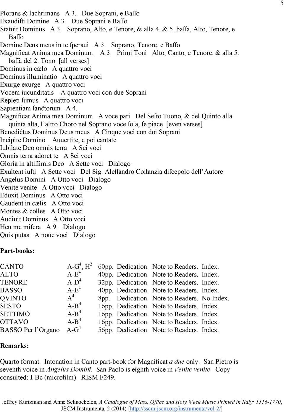 Tono [all verses] Dominus in cælo A quattro voci Dominus illuminatio A quattro voci Exurge exurge A quattro voci Vocem iucunditatis A quattro voci con due Soprani Repleti ſumus A quattro voci