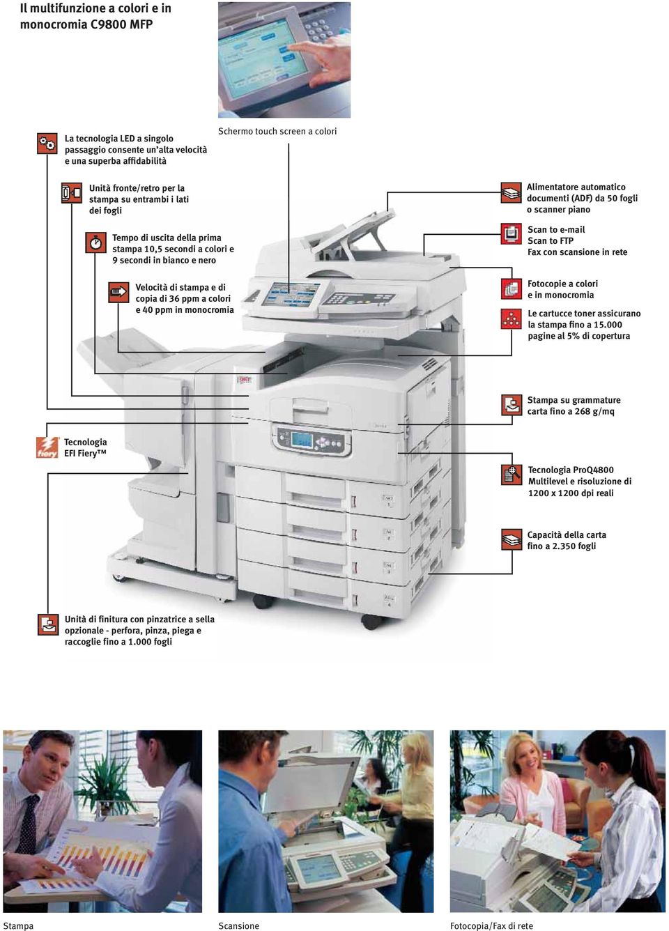 Alimentatore automatico documenti (ADF) da 50 fogli o scanner piano Scan to e-mail Scan to FTP Fax con scansione in rete Fotocopie a colori e in monocromia Le cartucce toner assicurano la stampa fino