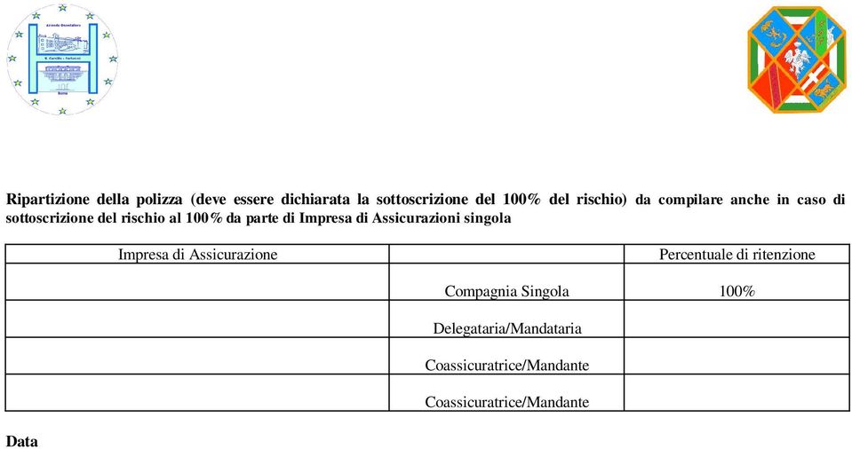 singola Impresa di Assicurazione Percentuale di ritenzione Compagnia Singola 100%