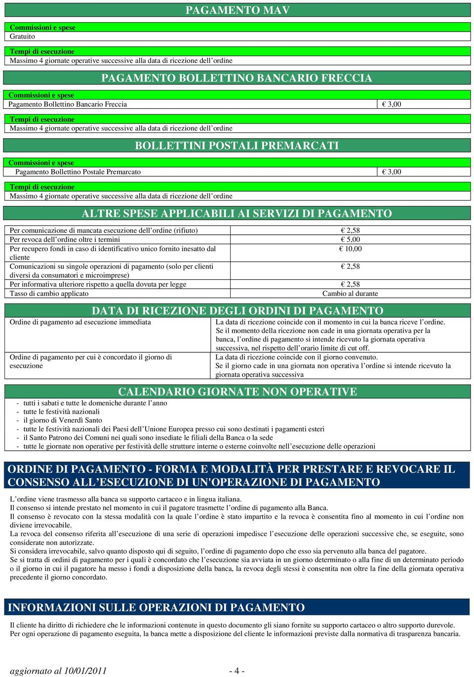 fornito inesatto dal 10,00 cliente Comunicazioni su singole operazioni di pagamento (solo per clienti 2,58 diversi da consumatori e microimprese) Per informativa ulteriore rispetto a quella dovuta