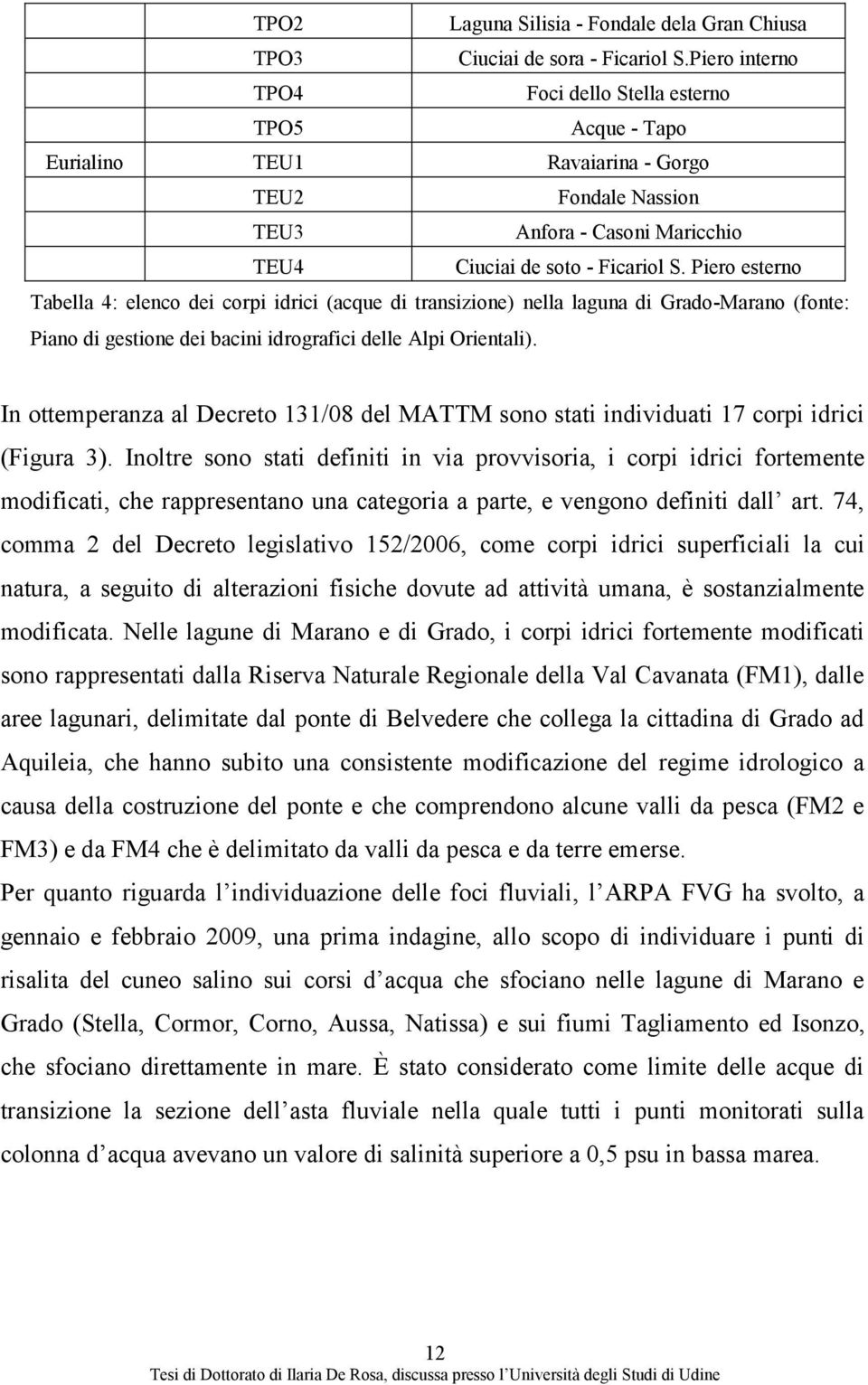 Piero esterno Tabella 4: elenco dei corpi idrici (acque di transizione) nella laguna di Grado-Marano (fonte: Piano di gestione dei bacini idrografici delle Alpi Orientali).