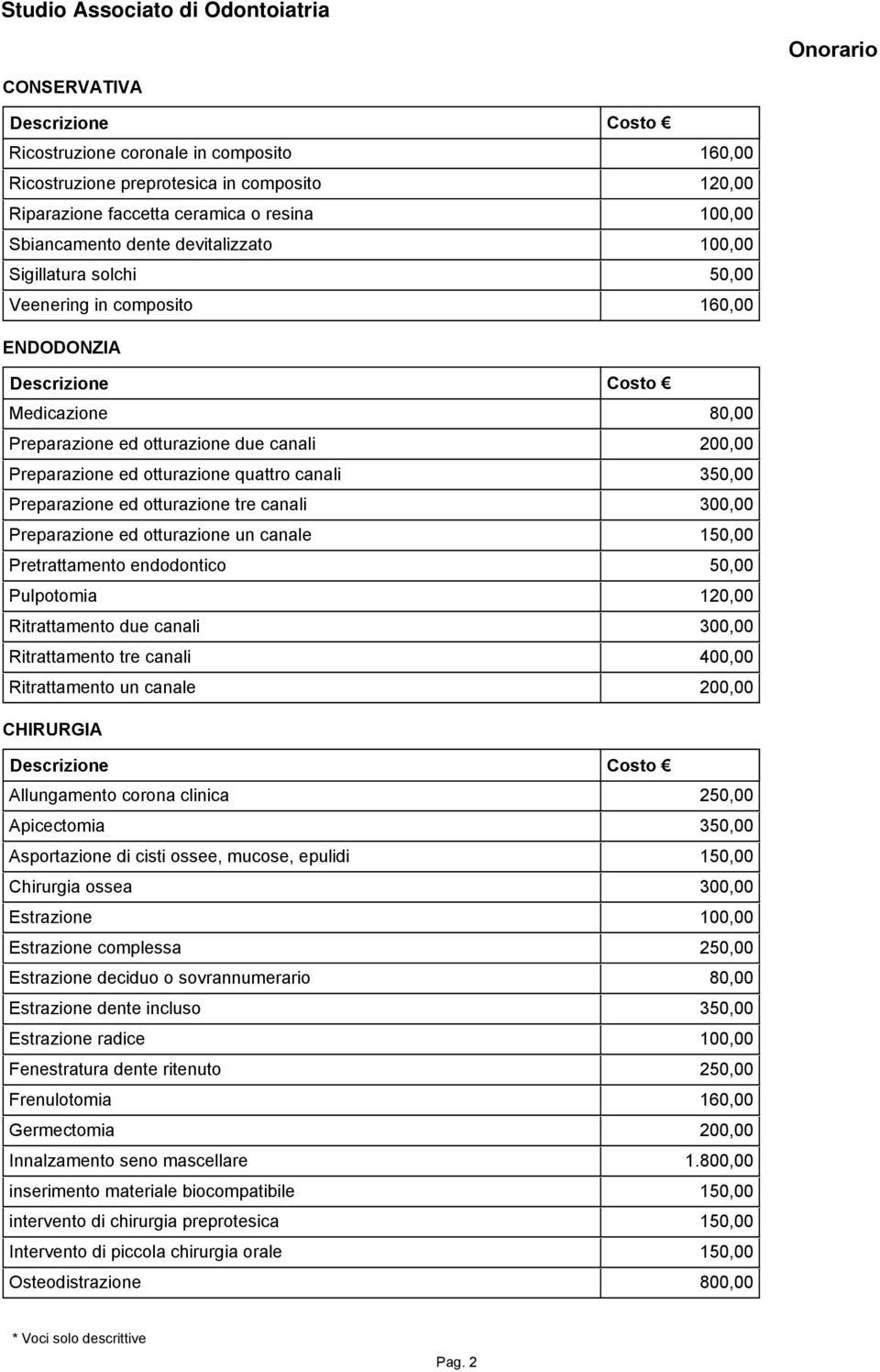 otturazione tre canali 300,00 Preparazione ed otturazione un canale 150,00 Pretrattamento endodontico 50,00 Pulpotomia 120,00 Ritrattamento due canali 300,00 Ritrattamento tre canali 400,00