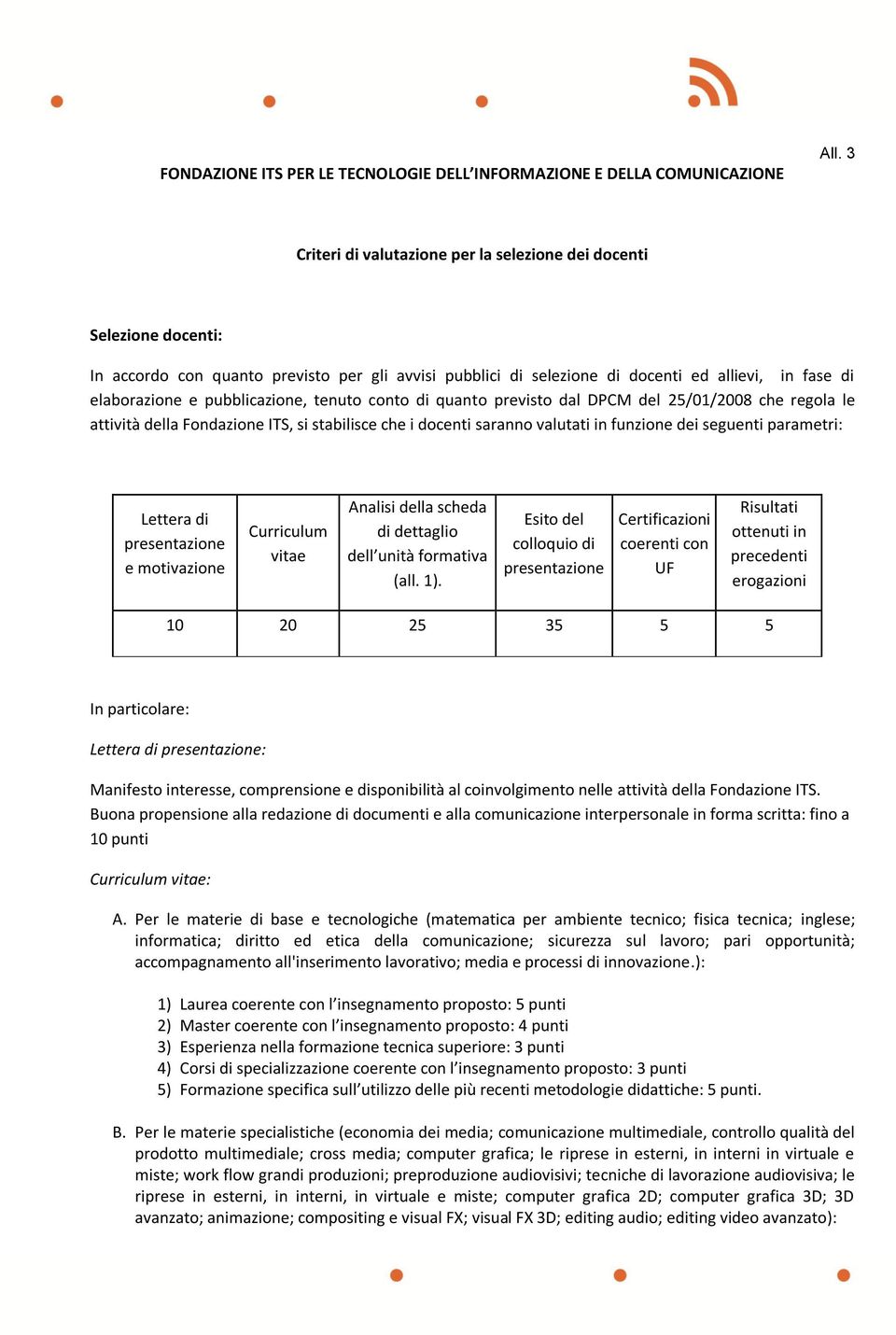 pubblicazione, tenuto conto di quanto previsto dal DPCM del 25/01/2008 che regola le attività della Fondazione ITS, si stabilisce che i docenti saranno valutati in funzione dei seguenti parametri: