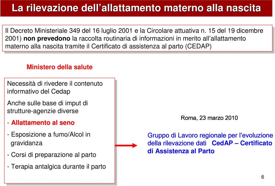 n. 15 15 del del 19 19 dicembre 2001) 2001) non non prevedono la la raccolta routinaria di di informazioni in in merito merito all allattamento materno alla alla nascita nascita tramite tramite il il