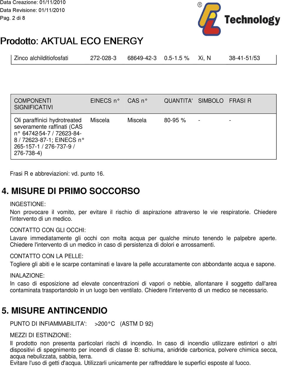 CAS n QUANTITA' SIMBOLO FRASI R Miscela Miscela 80-95 % - - Frasi R e abbreviazioni: vd. punto 16. 4.