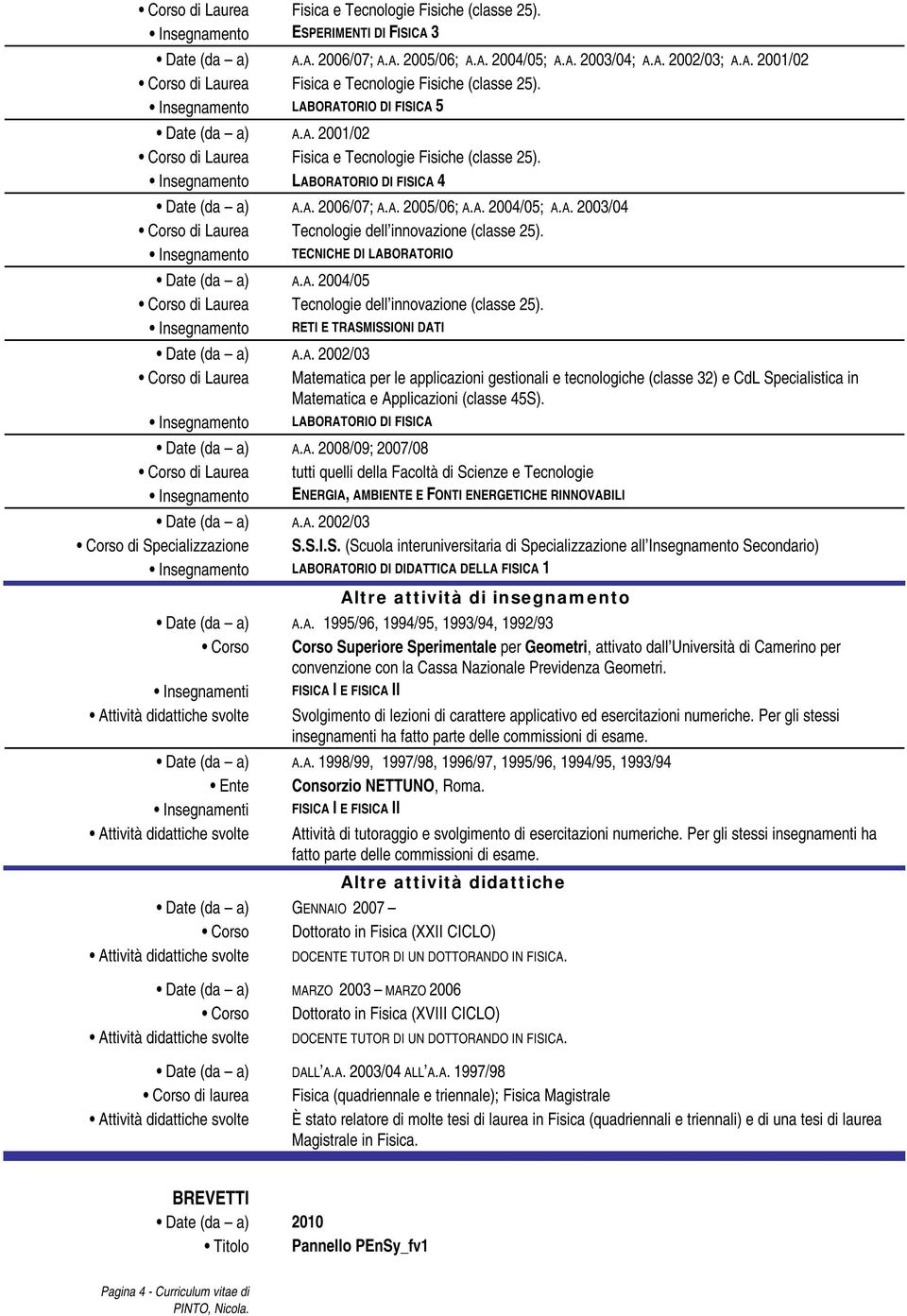 A. 2003/04 Corso di Laurea Tecnologie dell innovazione (classe 25). Insegnamento TECNICHE DI LABORATORIO Date (da a) A.A. 2004/05 Corso di Laurea Tecnologie dell innovazione (classe 25).