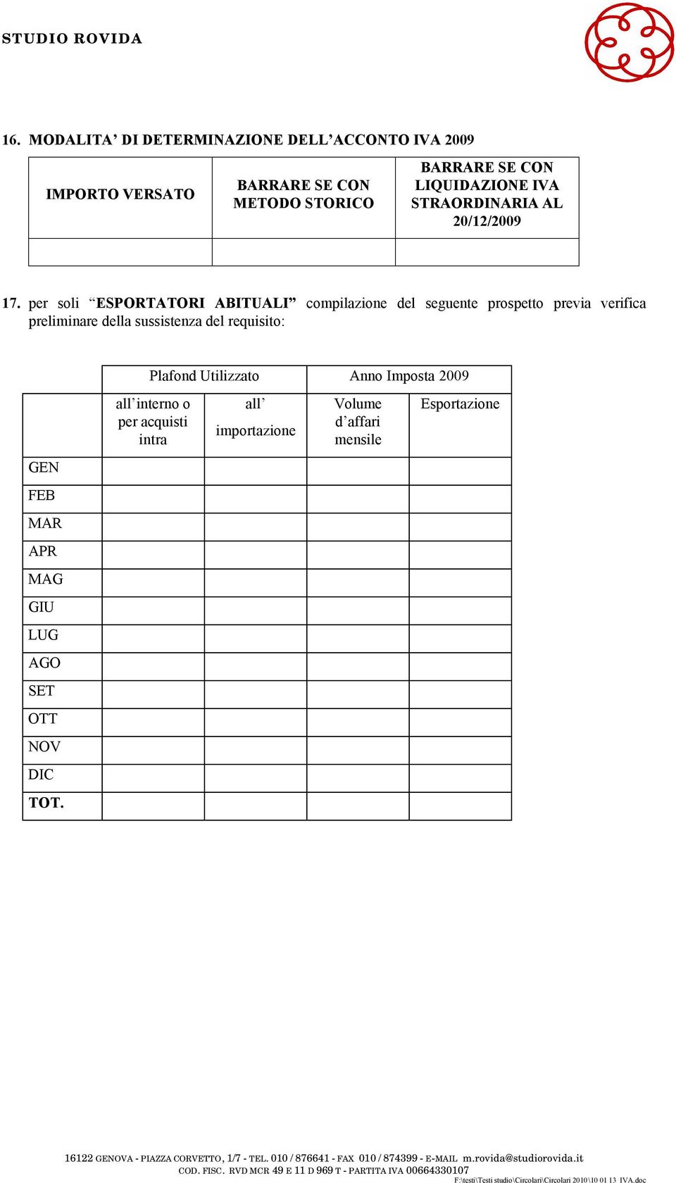 per soli ESPORTATORI ABITUALI compilazione del seguente prospetto previa verifica preliminare della sussistenza del