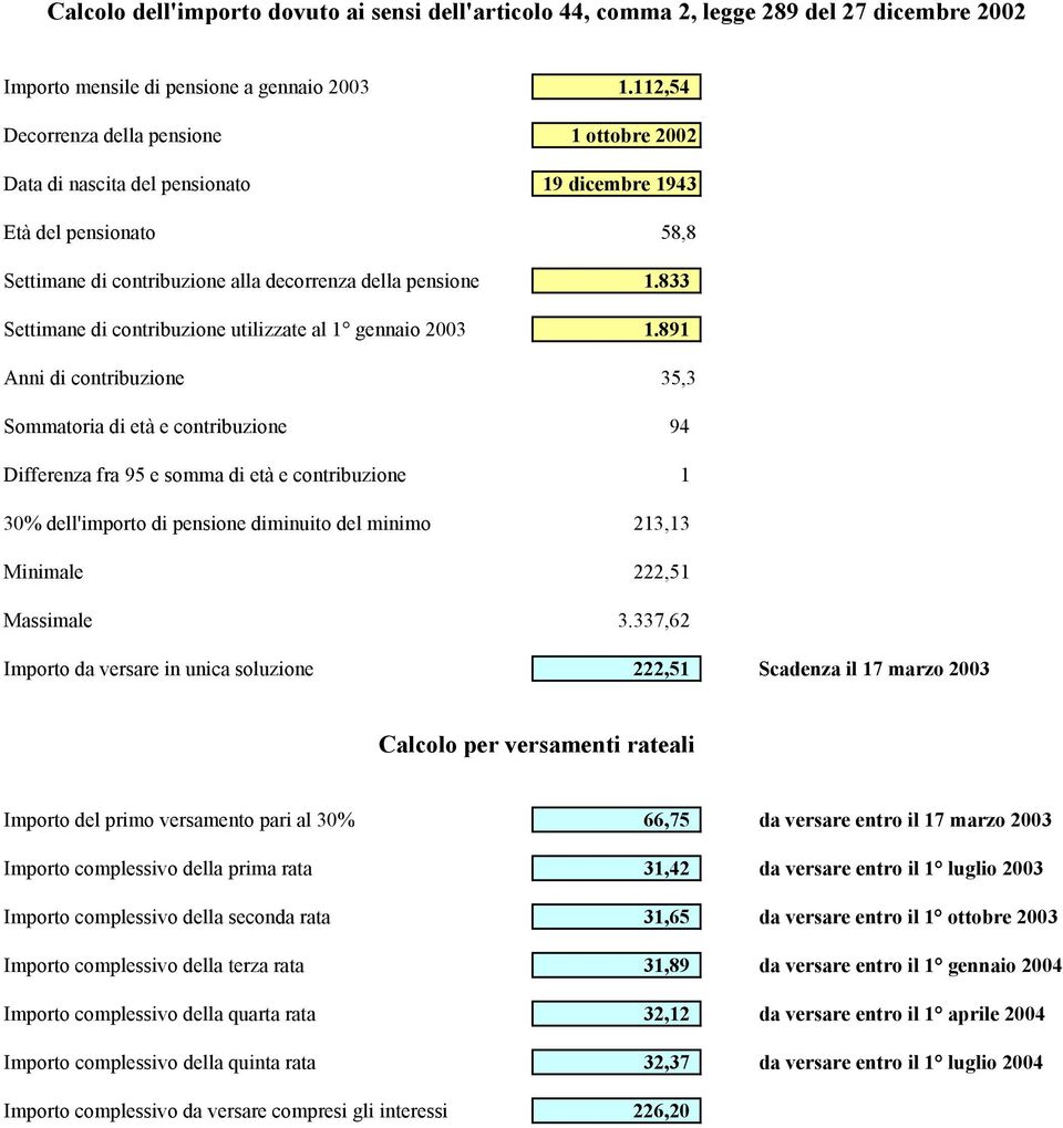 833 Settimane di contribuzione utilizzate al 1 gennaio 2003 1.