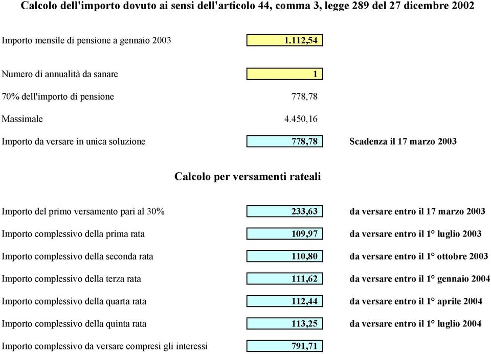 450,16 Importo da versare in unica soluzione 778,78 Scadenza il 17 marzo 2003 Calcolo per versamenti rateali Importo del primo versamento pari al 30% 233,63 da versare entro il 17 marzo 2003 Importo