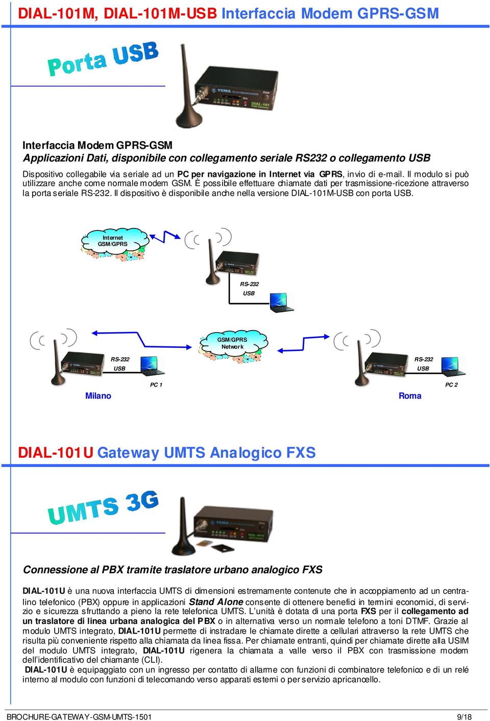 È possibile effettuare chiamate dati per trasmissione-ricezione attraverso la porta seriale RS-232. Il dispositivo è disponibile anche nella versione DIAL-101M-USB con porta USB.