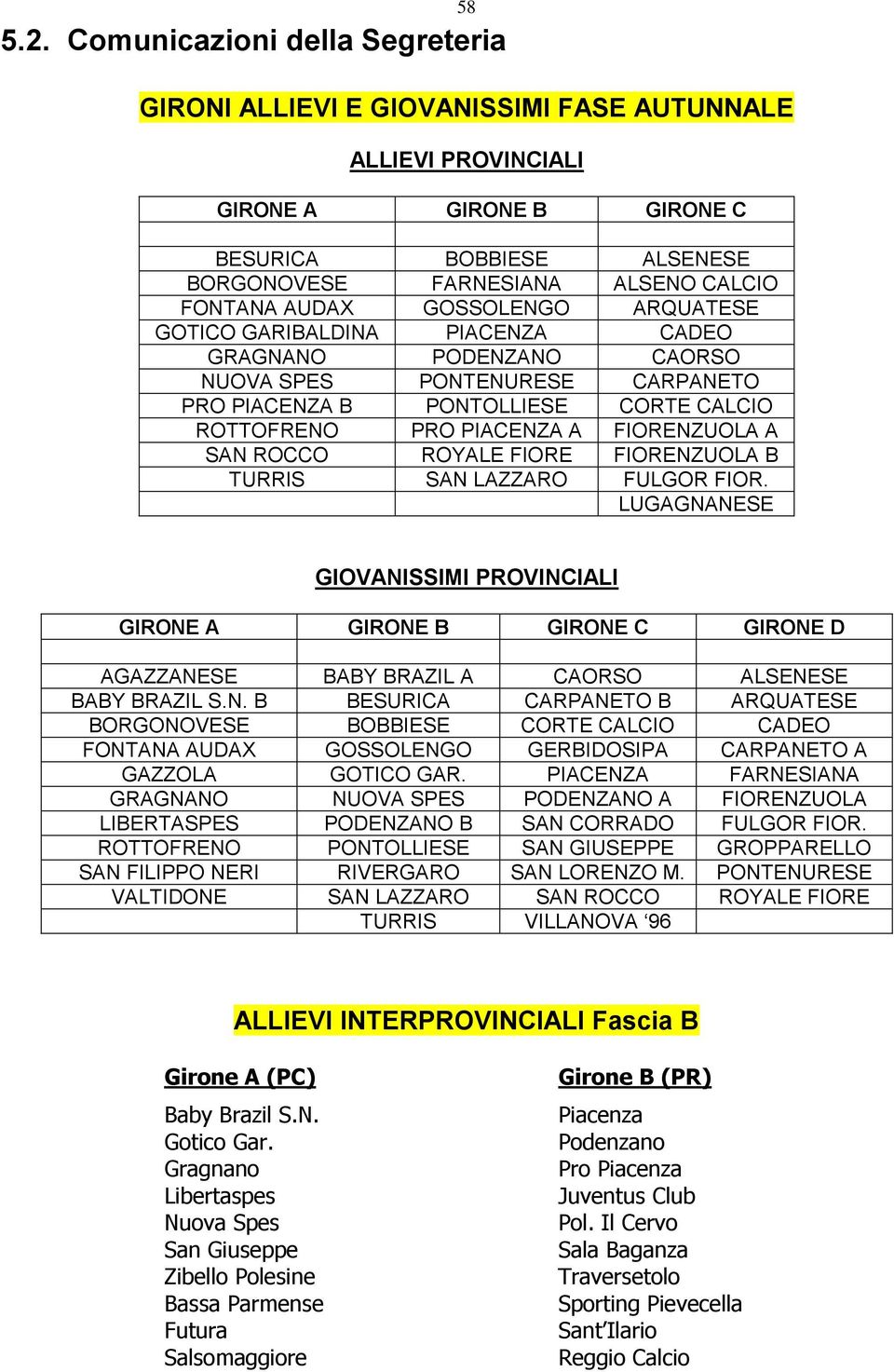 AUDAX GOSSOLENGO ARQUATESE GOTICO GARIBALDINA PIACENZA CADEO GRAGNANO PODENZANO CAORSO NUOVA SPES PONTENURESE CARPANETO PRO PIACENZA B PONTOLLIESE CORTE CALCIO ROTTOFRENO PRO PIACENZA A FIORENZUOLA A