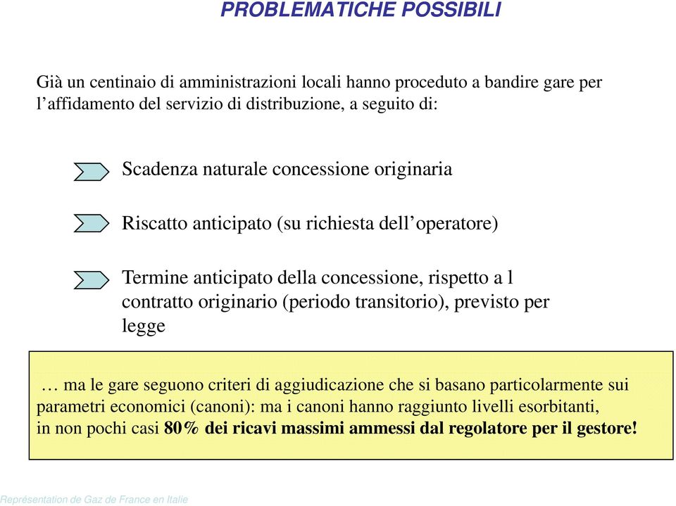 originario (periodo transitorio), previsto per legge ma le gare seguono criteri di aggiudicazione che si basano particolarmente sui parametri economici (canoni):