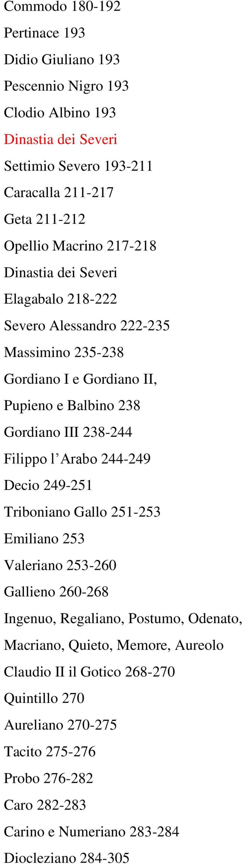 238-244 Filippo l Arabo 244-249 Decio 249-251 Triboniano Gallo 251-253 Emiliano 253 Valeriano 253-260 Gallieno 260-268 Ingenuo, Regaliano, Postumo, Odenato, Macriano,