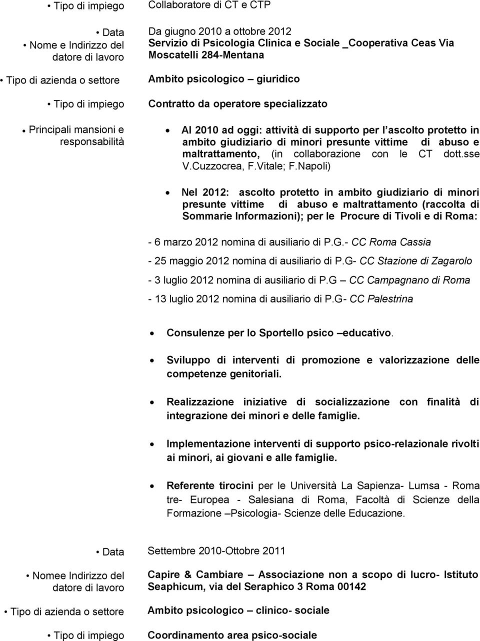 presunte vittime di abuso e maltrattamento, (in collaborazione con le CT dott.sse V.Cuzzocrea, F.Vitale; F.