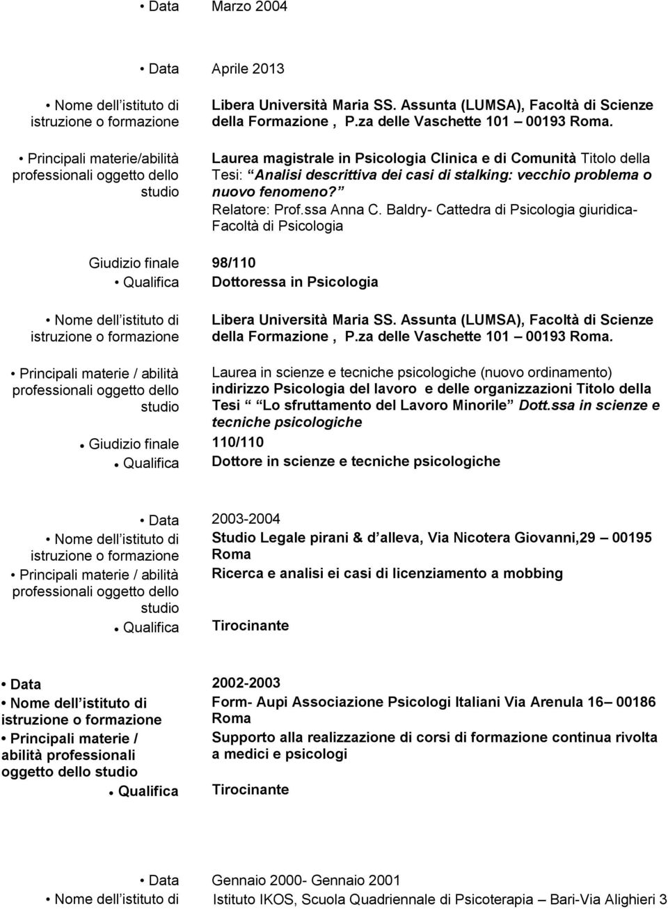 ssa Anna C. Baldry- Cattedra di Psicologia giuridica- Facoltà di Psicologia Giudizio finale 98/110 Qualifica Dottoressa in Psicologia Nome dell istituto di istruzione o Libera Università Maria SS.