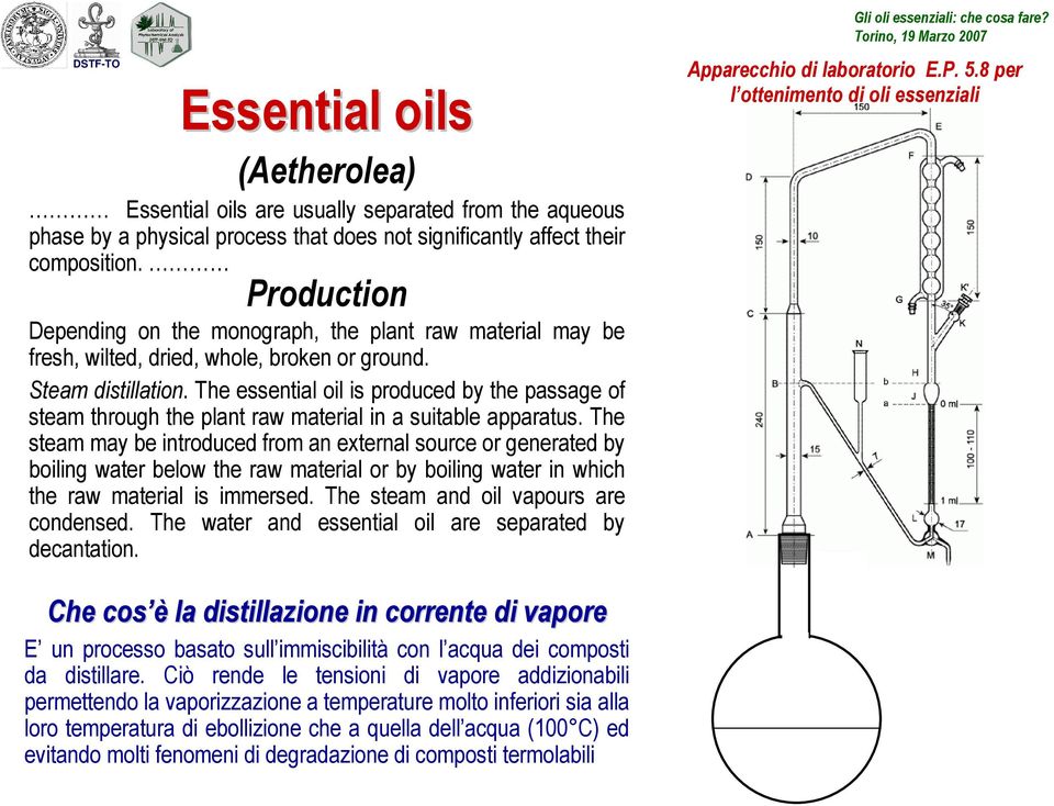 The essential oil is produced by the passage of steam through the plant raw material in a suitable apparatus.