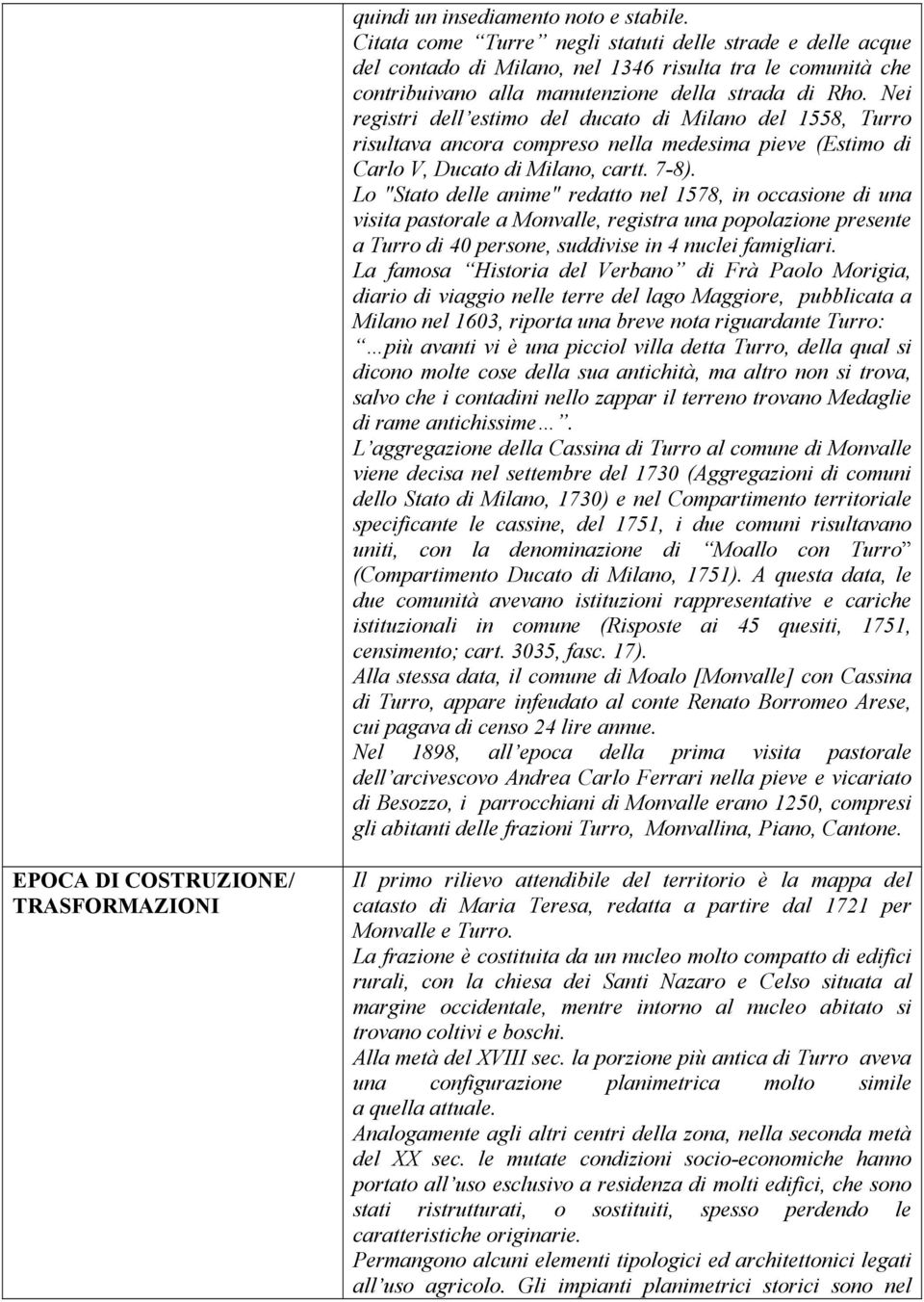 Nei registri dell estimo del ducato di Milano del 1558, Turro risultava ancora compreso nella medesima pieve (Estimo di Carlo V, Ducato di Milano, cartt. 7-8).