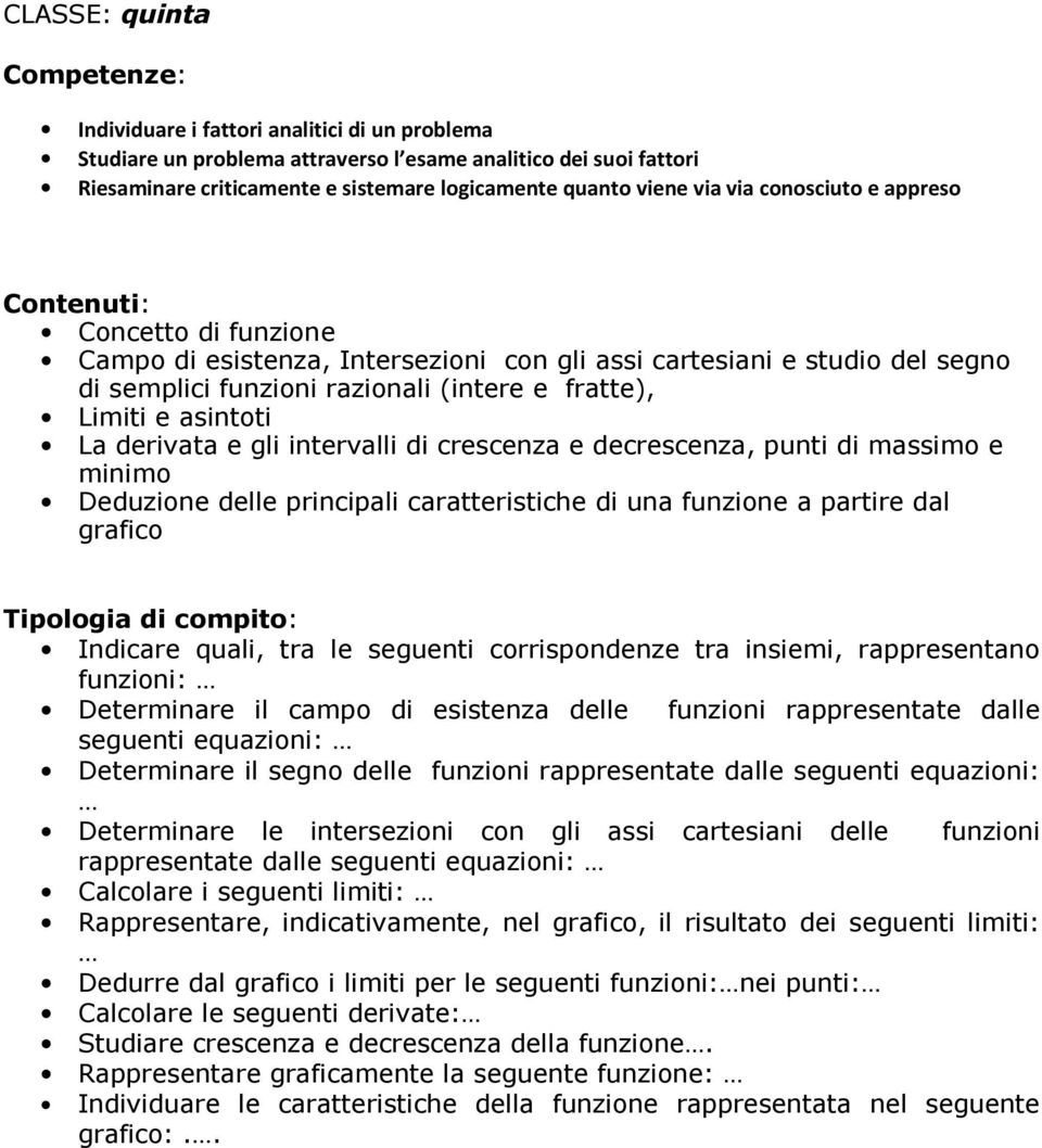 gli intervalli di crescenza e decrescenza, punti di massimo e minimo Deduzione delle principali caratteristiche di una funzione a partire dal grafico Indicare quali, tra le seguenti corrispondenze