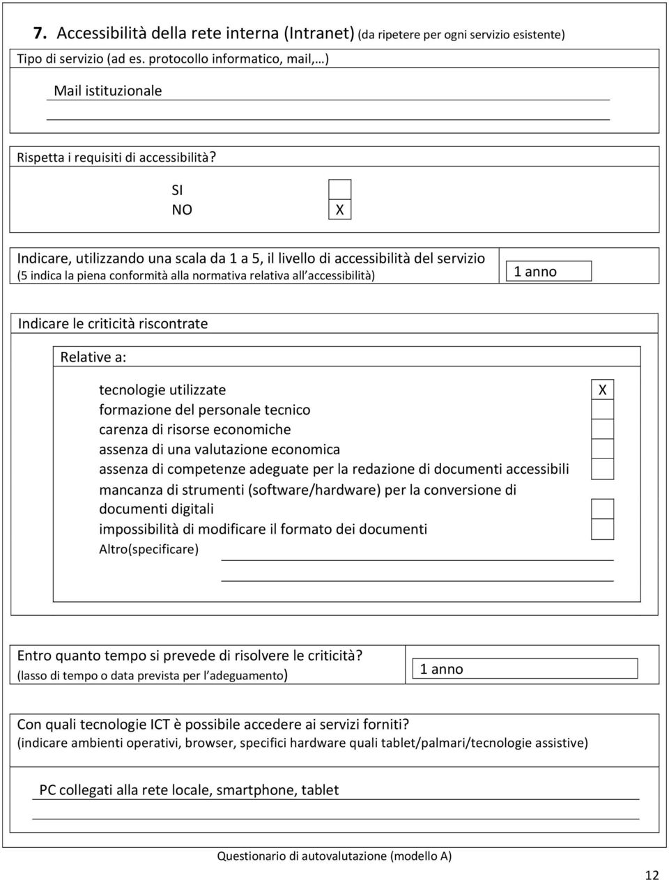 Indicare, utilizzando una scala da 1 a 5, il livello di accessibilità del servizio (5 indica la piena conformità alla normativa relativa all accessibilità) Indicare le criticità riscontrate Relative