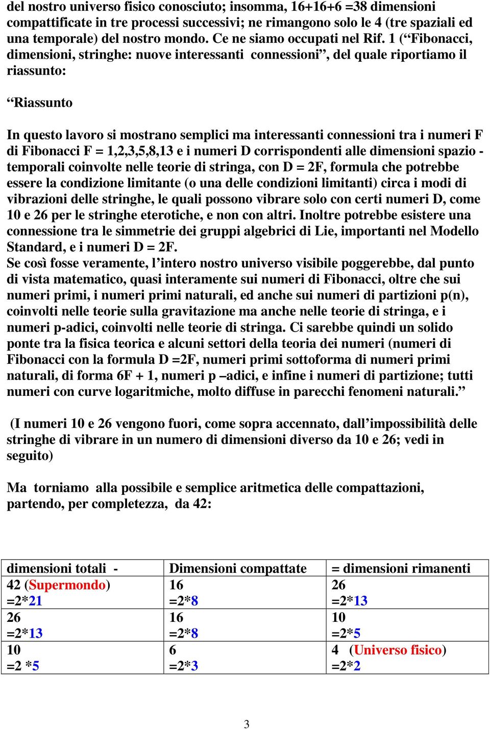 1 ( Fibonacci, dimensioni, stringhe: nuove interessanti connessioni, del quale riportiamo il riassunto: Riassunto In questo lavoro si mostrano semplici ma interessanti connessioni tra i numeri F di