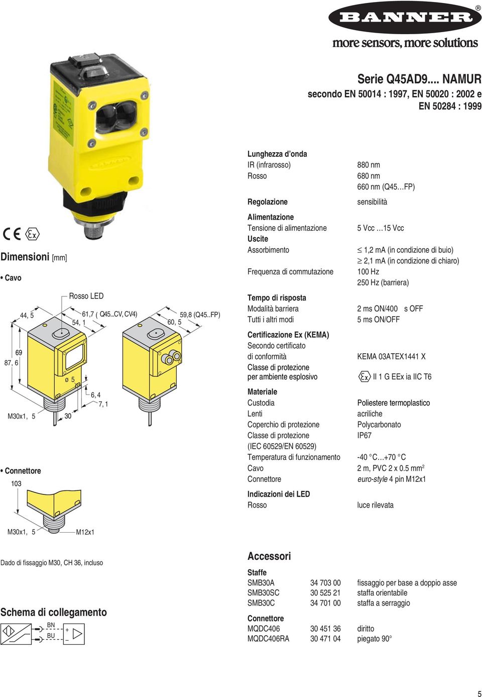 Certificazione Ex (KEMA) Secondo certificato di conformità per ambiente esplosivo 880 nm 680 nm 660 nm (Q45 FP) sensibilità 5 Vcc 5 Vcc,2 ma (in condizione di buio) 2, ma (in condizione di chiaro) Hz