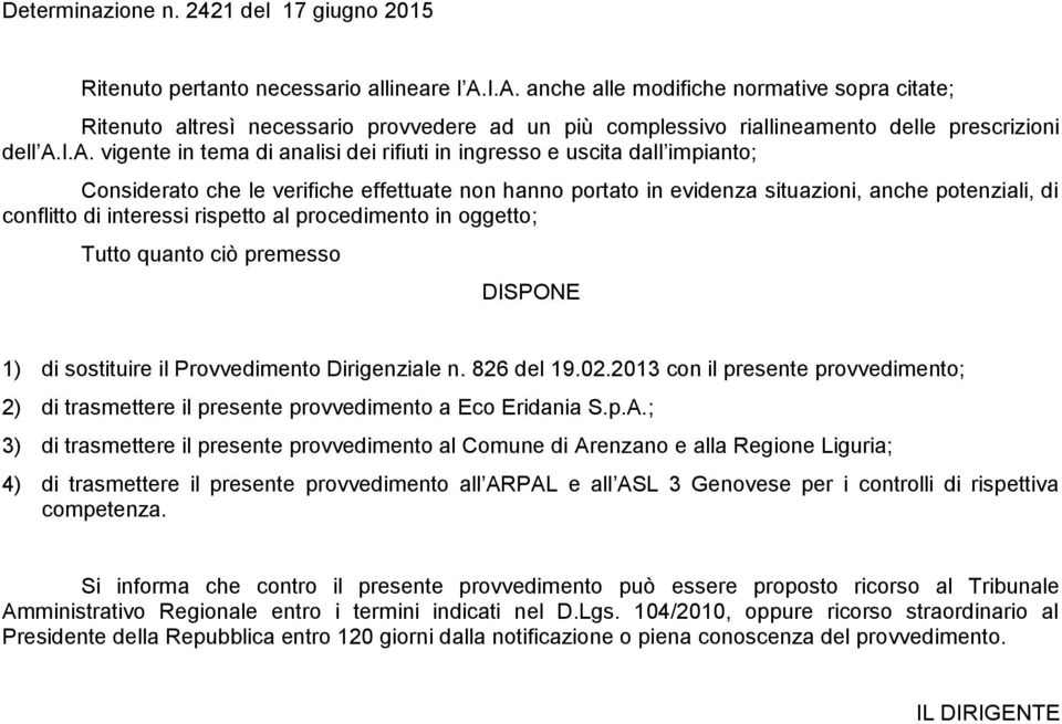 ingresso e uscita dall impianto; Considerato che le verifiche effettuate non hanno portato in evidenza situazioni, anche potenziali, di conflitto di interessi rispetto al procedimento in oggetto;