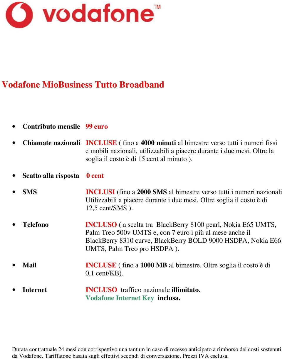 Telefono Mail Internet INCLUSI (fino a 2000 SMS al bimestre verso tutti i numeri nazionali Utilizzabili a piacere durante i due mesi. Oltre soglia il costo è di 12,5 cent/sms ).