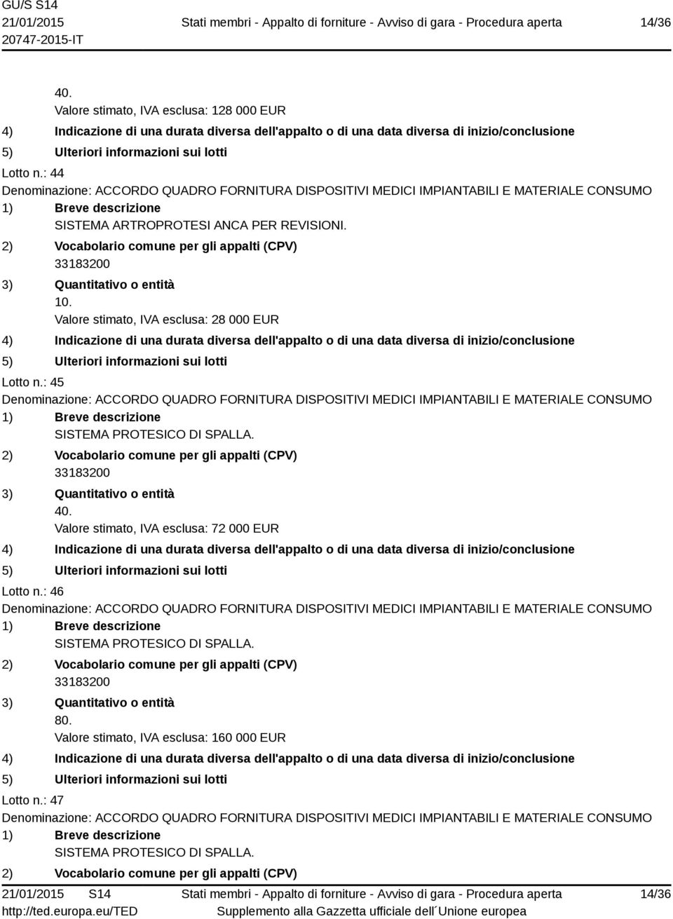 Valore stimato, IVA esclusa: 28 000 EUR Lotto n.: 45 SISTEMA PROTESICO DI SPALLA. 40.