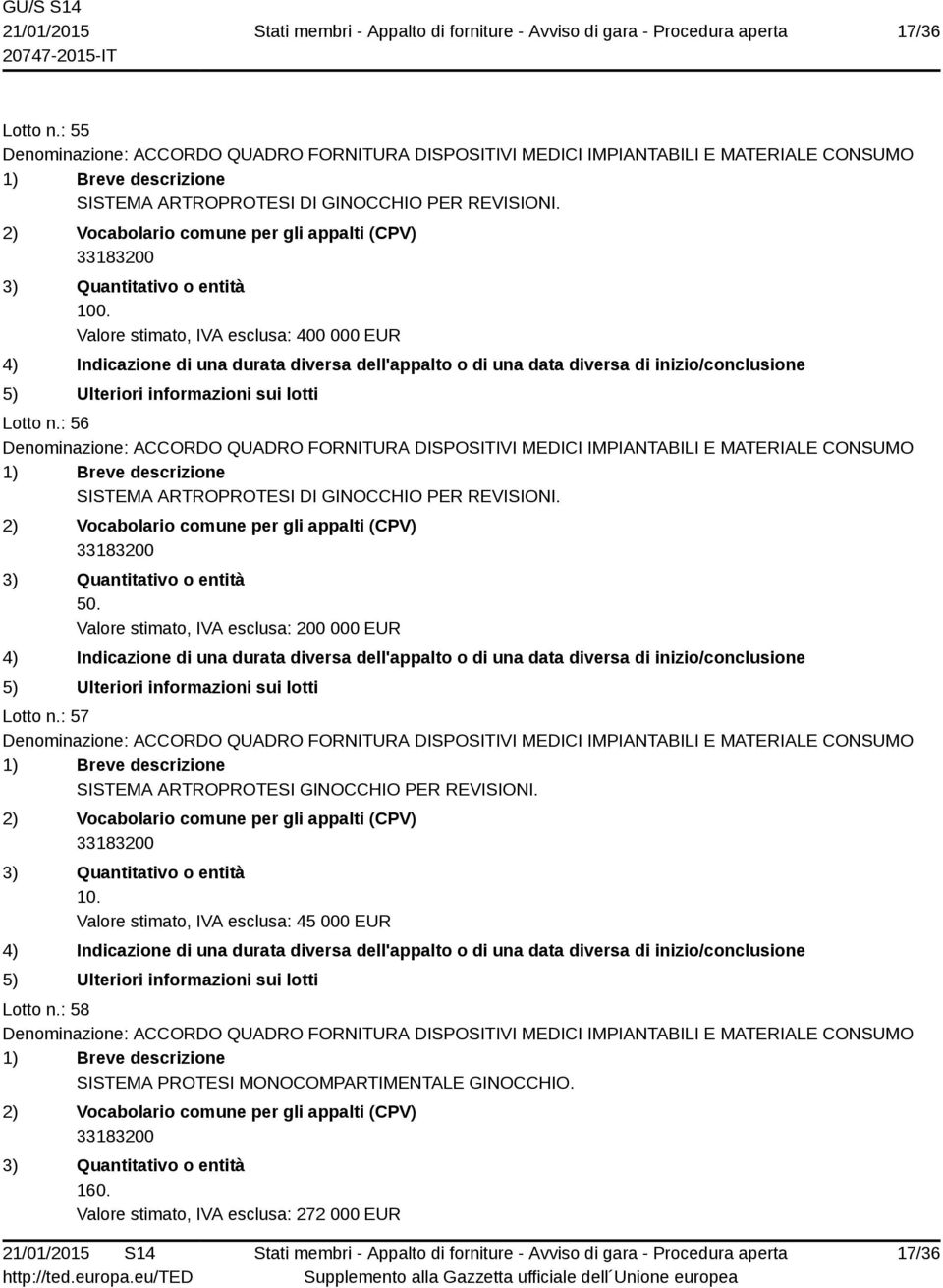 Valore stimato, IVA esclusa: 200 000 EUR Lotto n.: 57 SISTEMA ARTROPROTESI GINOCCHIO PER REVISIONI. 10.