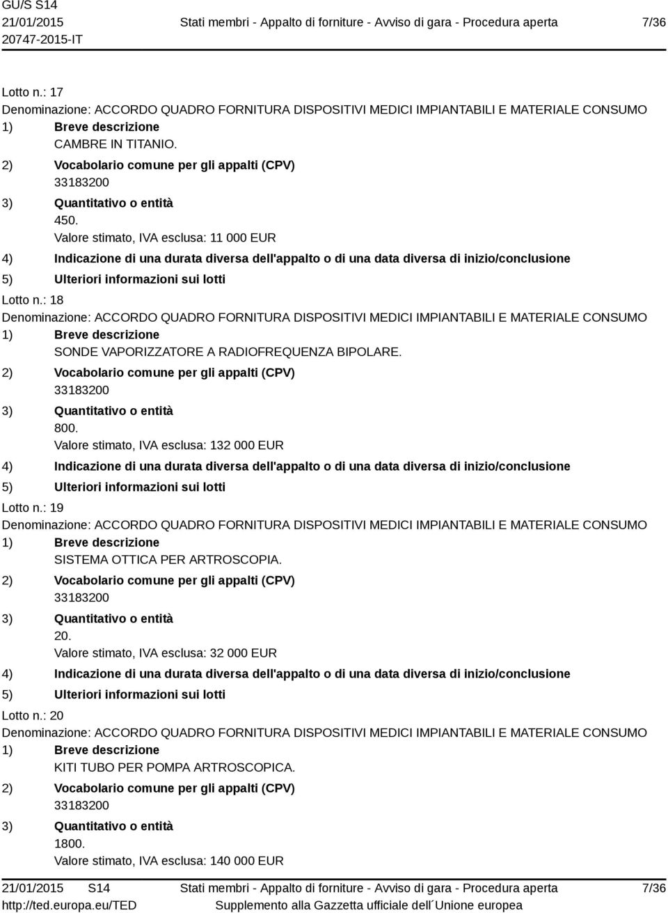 Valore stimato, IVA esclusa: 132 000 EUR Lotto n.: 19 SISTEMA OTTICA PER ARTROSCOPIA. 20.