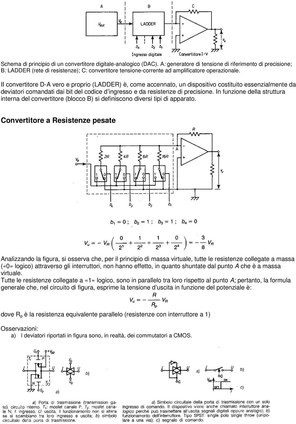 II convertitore D-A vero e proprio (LADDER) è, come accennato, un dispositivo costituito essenzialmente da deviatori comandati dai bit del codice d ingresso e da resistenze di precisione.