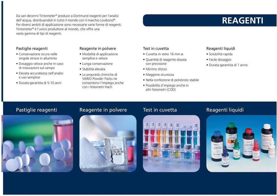 REAGENTI Pastiglie reagenti Conservazione sicura nelle singole strisce in alluminio Dosaggio veloce anche in caso di misurazioni sul campo Elevata accuratezza nell'analisi e uso semplice Durata