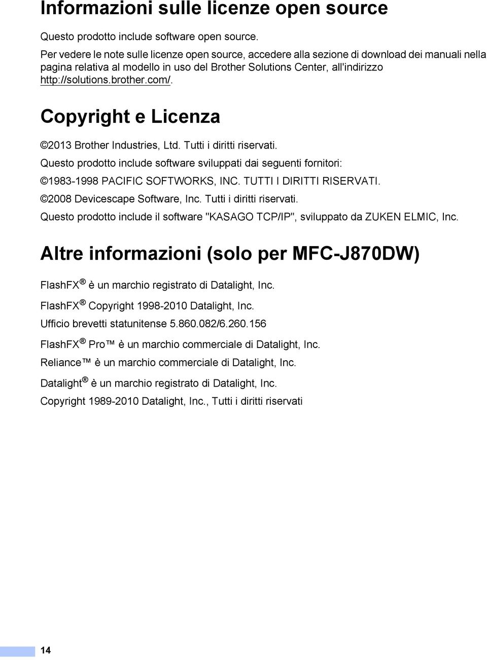 brother.com/. Copyright e Licenza 1 2013 Brother Industries, Ltd. Tutti i diritti riservati. Questo prodotto include software sviluppati dai seguenti fornitori: 1983-1998 PACIFIC SOFTWORKS, INC.
