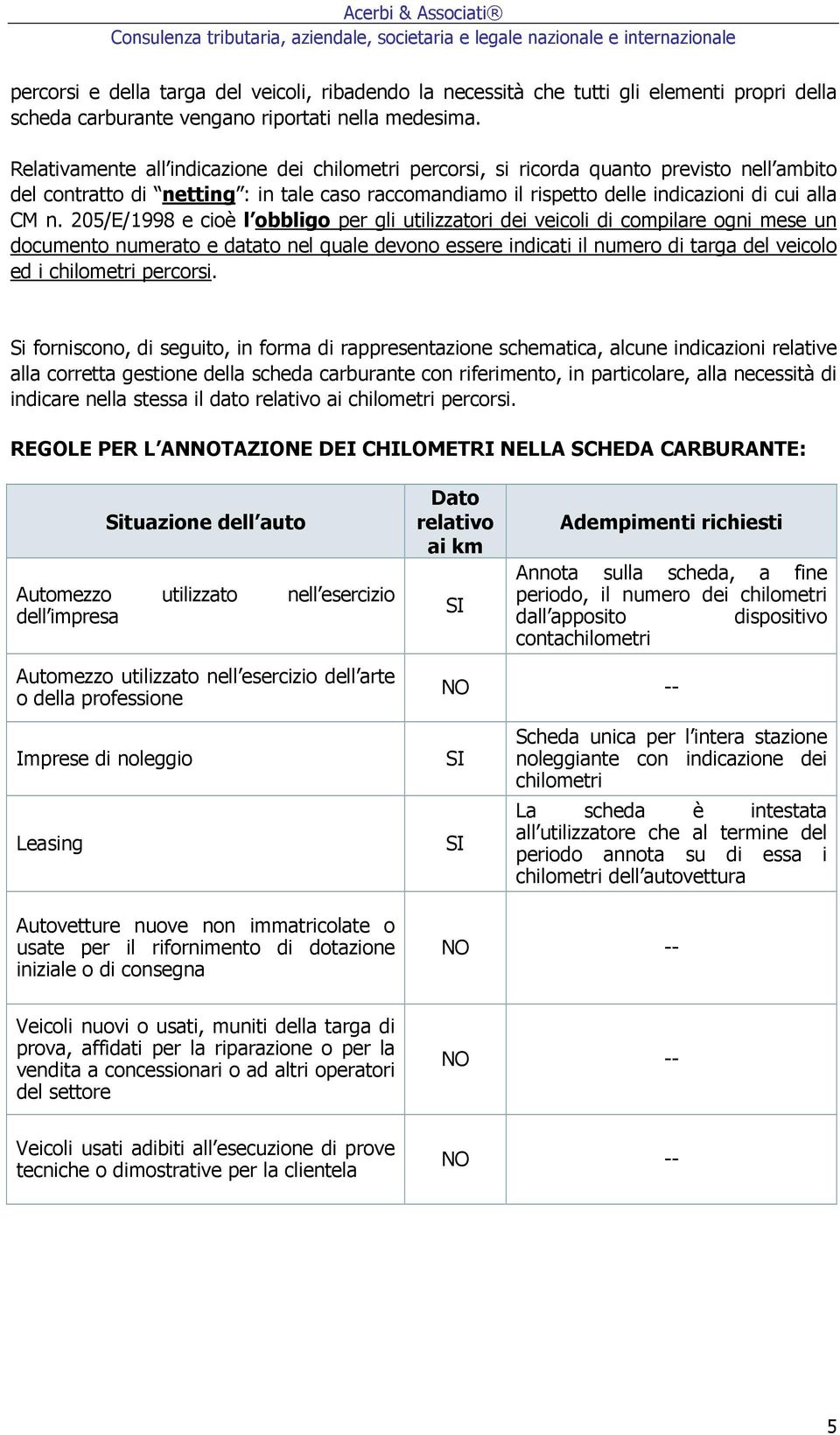 205/E/1998 e cioè l obbligo per gli utilizzatori dei veicoli di compilare ogni mese un documento numerato e datato nel quale devono essere indicati il numero di targa del veicolo ed i chilometri