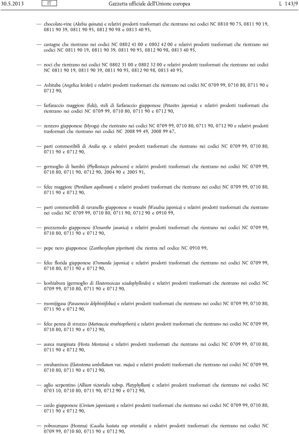 40 95, noci che rientrano nei codici NC 0802 31 00 e 0802 32 00 e relativi prodotti trasformati che rientrano nei codici NC 0811 90 19, 0811 90 39, 0811 90 95, 0812 90 98, 0813 40 95, Ashitaba