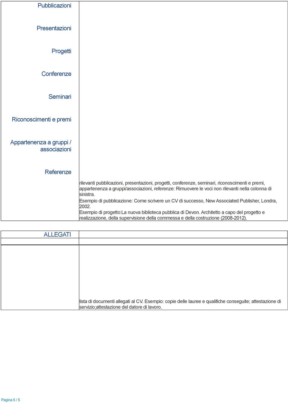 Esempio di pubblicazione: Come scrivere un CV di successo, New Associated Publisher, Londra, 2002. Esempio di progetto:la nuova biblioteca pubblica di Devon.