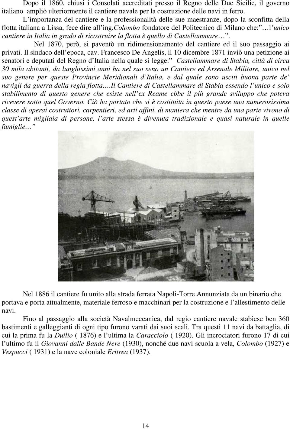 colombo fondatore del Politecnico di Milano che: l unico cantiere in Italia in grado di ricostruire la flotta è quello di Castellammare.