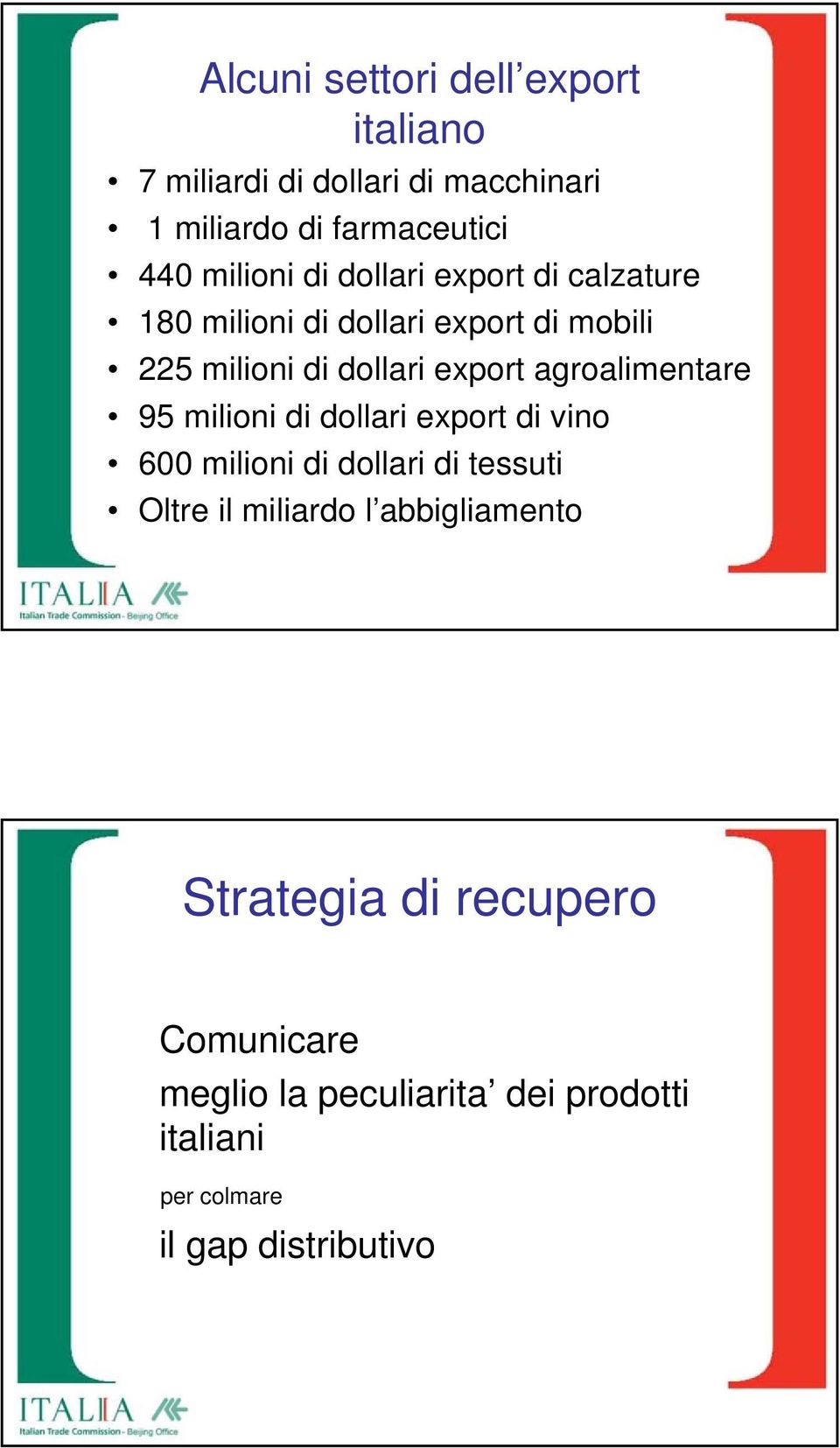 agroalimentare 95 milioni di dollari export di vino 600 milioni di dollari di tessuti Oltre il miliardo l