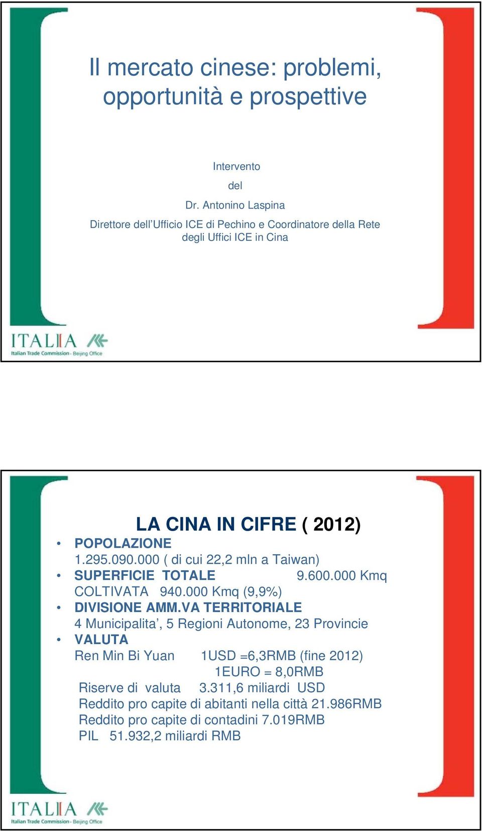 000 ( di cui 22,2 mln a Taiwan) SUPERFICIE TOTALE 9.600.000 Kmq COLTIVATA 940.000 Kmq (9,9%) DIVISIONE AMM.